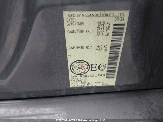 1N4AL3AP8FN321746 Nissan Altima 2.5/2.5 S/2.5 Sl/2.5 Sv