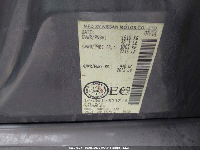 1N4AL3AP8FN321746 Nissan Altima 2.5/2.5 S/2.5 Sl/2.5 Sv