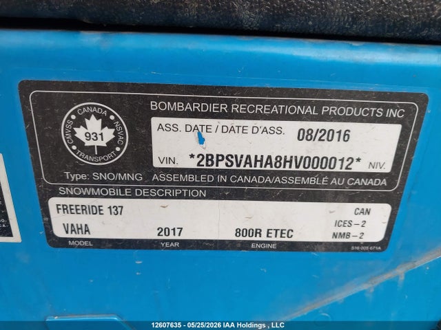 Продаж на аукціоні авто 2017 Skidoo , vin: 2BPSVAHA8HV000012, номер лоту: 12607635