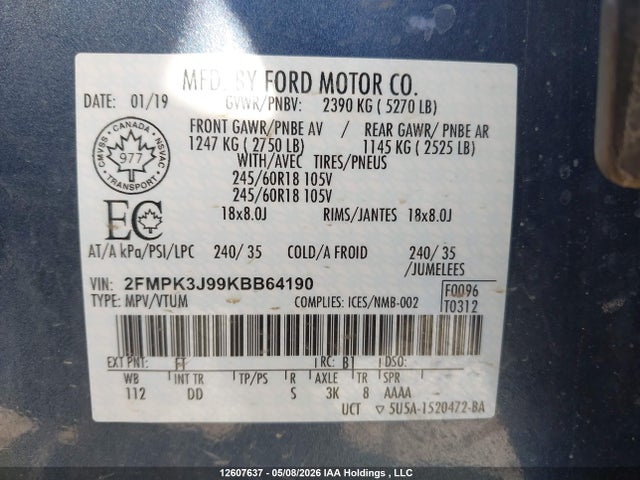 Auction sale of the 2019 Ford Edge Sel, vin: 2FMPK3J99KBB64190, lot number: 12607637