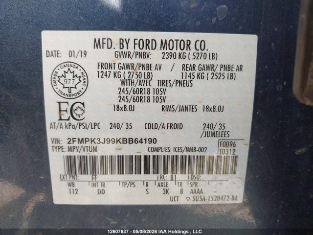 Auction sale of the 2019 Ford Edge Sel, vin: 2FMPK3J99KBB64190, lot number: 12607637
