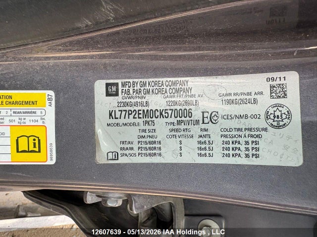 Продаж на аукціоні авто 2012 Chevrolet Orlando Lt, vin: KL77P2EM0CK570006, номер лоту: 12607639