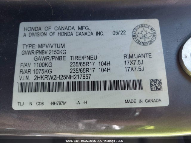 2022 Honda Cr-v მანქანა იყიდება აუქციონზე, vin: 2HKRW2H25NH217657, აუქციონის ნომერი: 12607640
