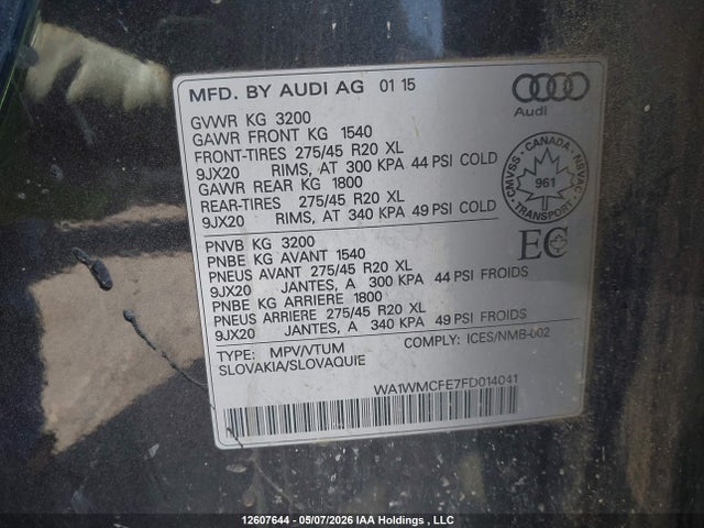 12607644 :رقم المزاد ، WA1WMCFE7FD014041 vin ، 2015 Audi Q7 Tdi/prestige مزاد بيع
