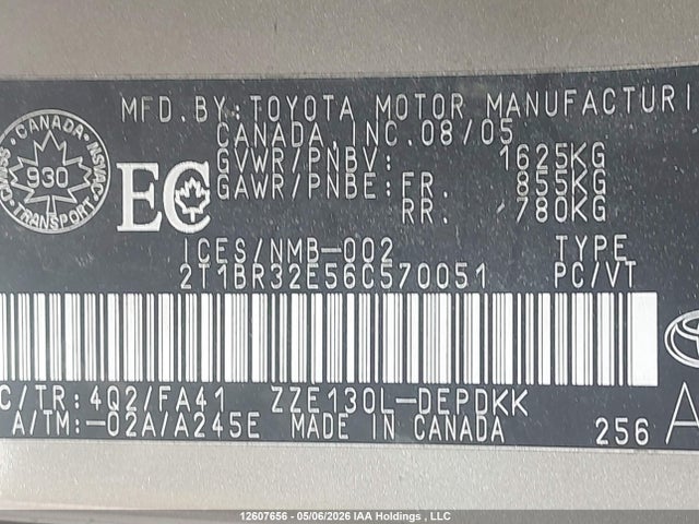 12607656 :رقم المزاد ، 2T1BR32E56C570051 vin ، 2006 Toyota Corolla Ce/le/sport مزاد بيع