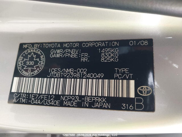 12607658 :رقم المزاد ، JTDBT923981240049 vin ، 2008 Toyota Yaris مزاد بيع