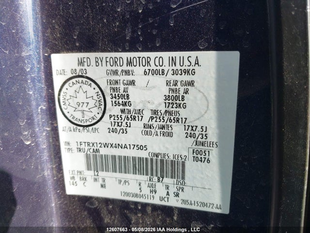 Продажа на аукционе авто 2004 Ford F-150 Stx/xl/xlt, vin: 1FTRX12WX4NA17505, номер лота: 12607663