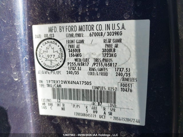 Продажа на аукционе авто 2004 Ford F-150 Stx/xl/xlt, vin: 1FTRX12WX4NA17505, номер лота: 12607663