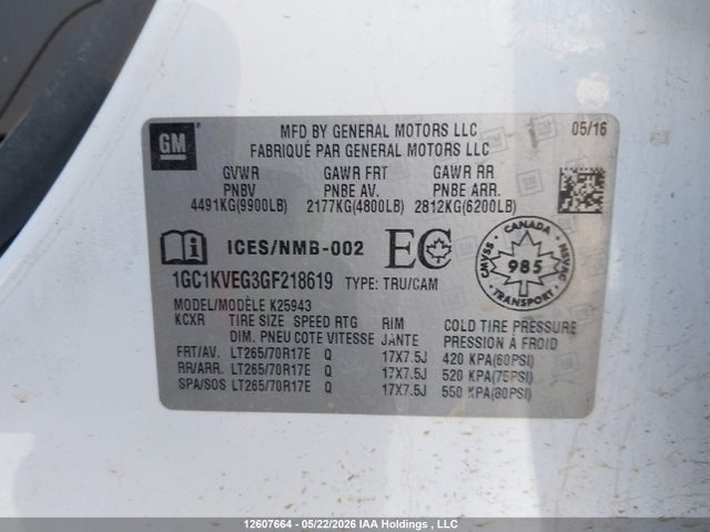 2016 Chevrolet Silverado K2500 Heavy Duty Lt მანქანა იყიდება აუქციონზე, vin: 1GC1KVEG3GF218619, აუქციონის ნომერი: 12607664
