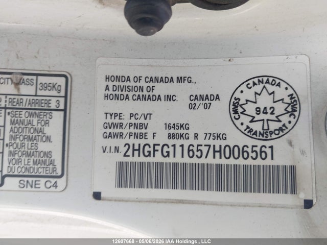 Auction sale of the 2007 Honda Civic Cpe, vin: 2HGFG11657H006561, lot number: 12607668