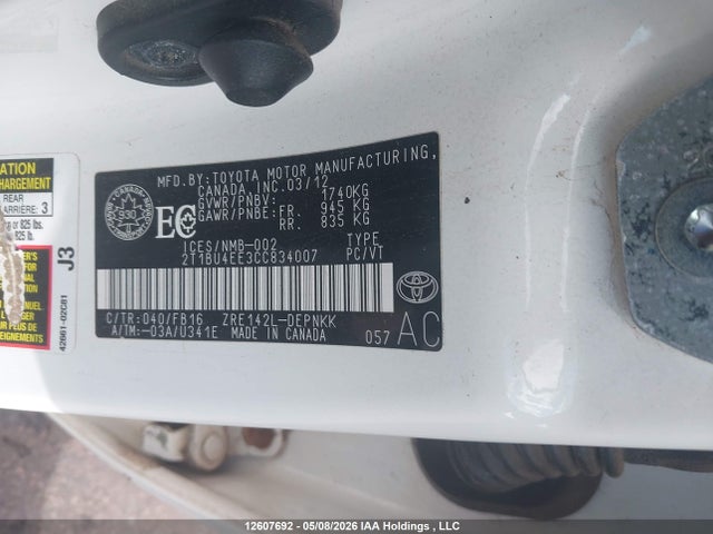 12607692 :رقم المزاد ، 2T1BU4EE3CC834007 vin ، 2012 Toyota Corolla Le مزاد بيع