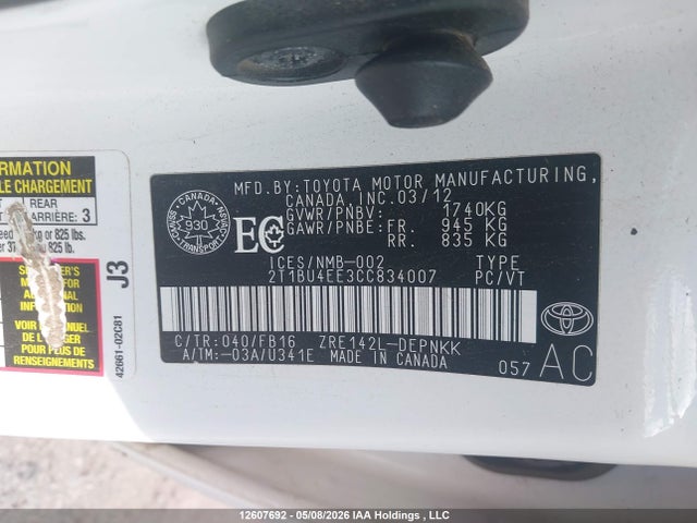 12607692 :رقم المزاد ، 2T1BU4EE3CC834007 vin ، 2012 Toyota Corolla Le مزاد بيع