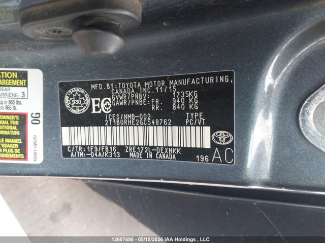 Продаж на аукціоні авто 2016 Toyota Corolla Ce/le/s, vin: 2T1BURHE2GC548762, номер лоту: 12607698