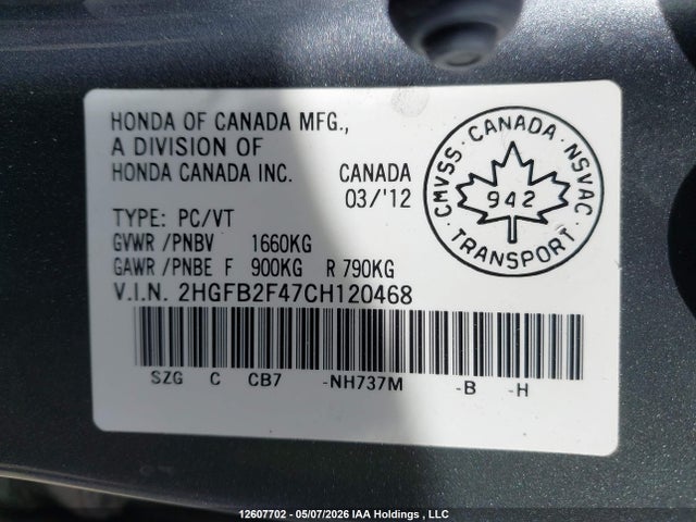 2012 Honda Civic Lx მანქანა იყიდება აუქციონზე, vin: 2HGFB2F47CH120468, აუქციონის ნომერი: 12607702