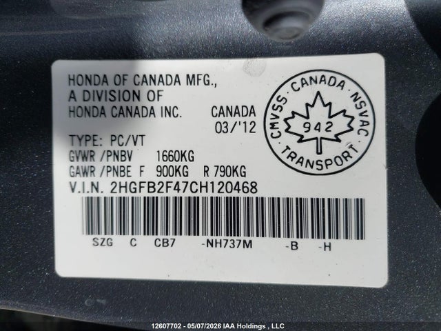 2012 Honda Civic Lx მანქანა იყიდება აუქციონზე, vin: 2HGFB2F47CH120468, აუქციონის ნომერი: 12607702