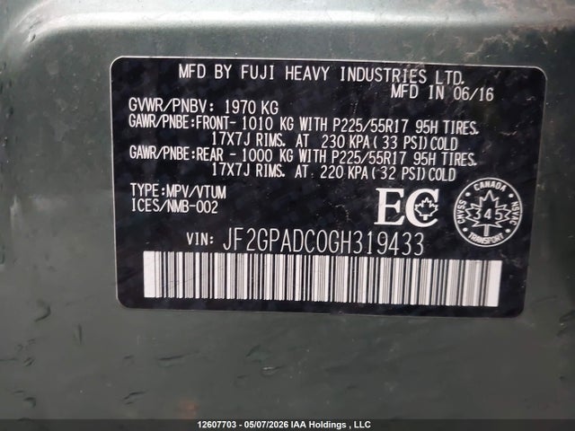 Aukcja sprzedaży 2016 Subaru Crosstrek Premium, vin: JF2GPADC0GH319433, numer aukcji: 12607703