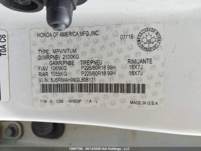 Продаж на аукціоні авто 2016 Honda Cr-v Touring, vin: 5J6RM4H99GL808131, номер лоту: 12607705