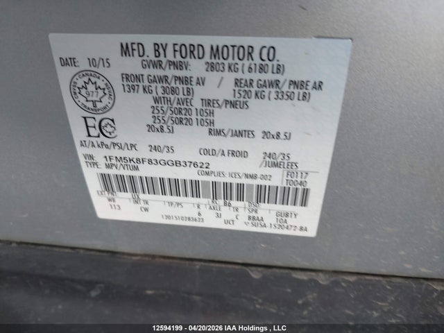 Продажа на аукционе авто 2016 Ford Explorer Limited, vin: 1FM5K8F83GGB37622, номер лота: 12594199
