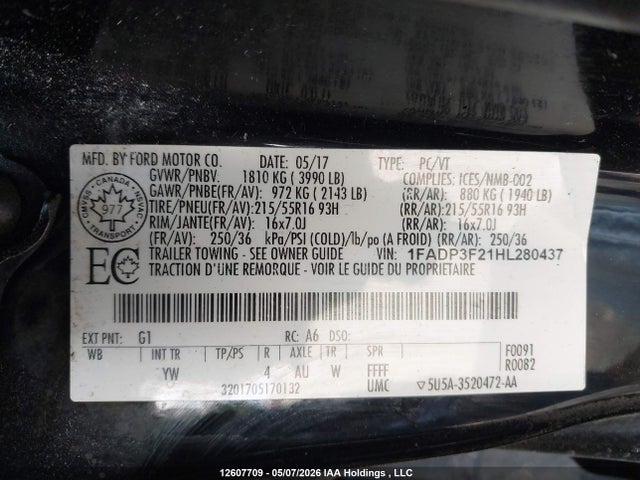 12607709 :رقم المزاد ، 1FADP3F21HL280437 vin ، 2017 Ford Focus Se مزاد بيع