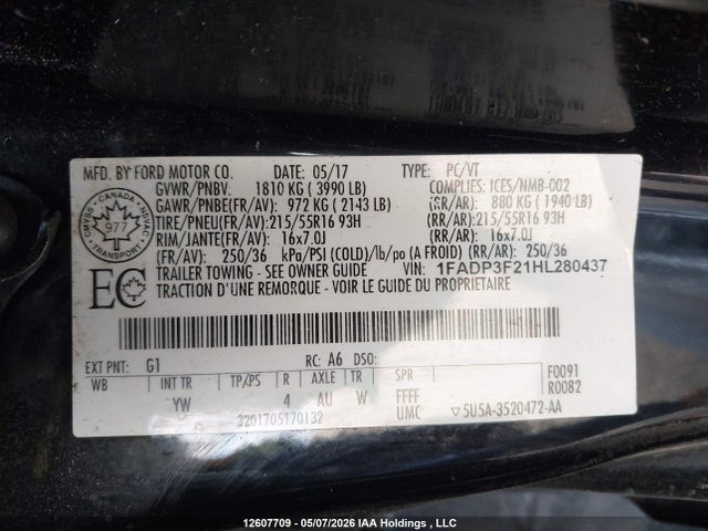 12607709 :رقم المزاد ، 1FADP3F21HL280437 vin ، 2017 Ford Focus Se مزاد بيع