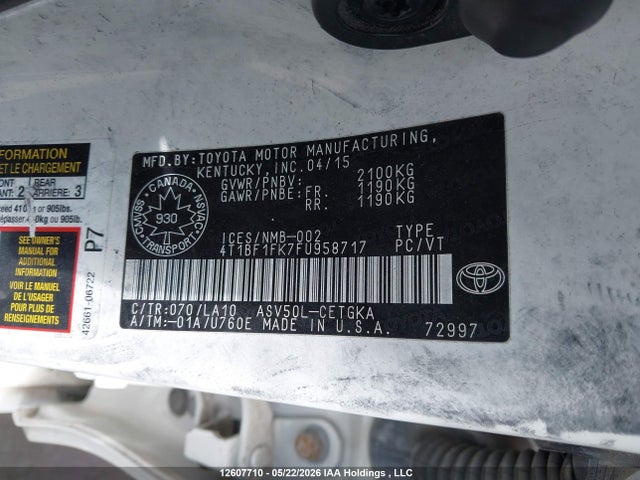 Продажа на аукционе авто 2015 Toyota Camry, vin: 4T1BF1FK7FU958717, номер лота: 12607710