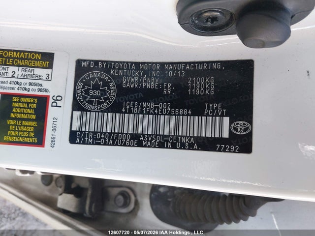 12607720 :رقم المزاد ، 4T1BF1FK4EU756884 vin ، 2014 Toyota Camry Le مزاد بيع