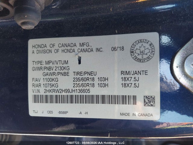 12607723 :رقم المزاد ، 2HKRW2H99JH136605 vin ، 2018 Honda Cr-v Touring مزاد بيع