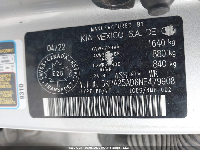 Продаж на аукціоні авто 2022 Kia Rio, vin: 3KPA25AD6NE479908, номер лоту: 12607727