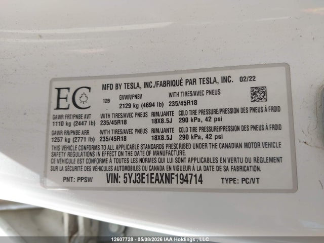 Продаж на аукціоні авто 2022 Tesla Model 3 Rwd/standard Range, vin: 5YJ3E1EAXNF194714, номер лоту: 12607728