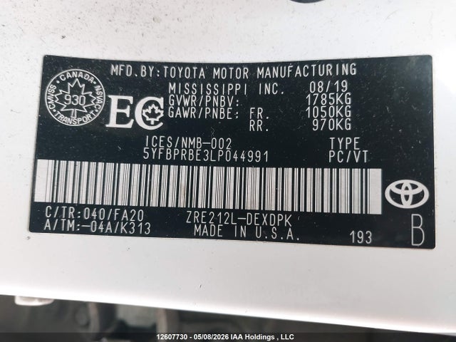 Aukcja sprzedaży 2020 Toyota Corolla, vin: 5YFBPRBE3LP044991, numer aukcji: 12607730