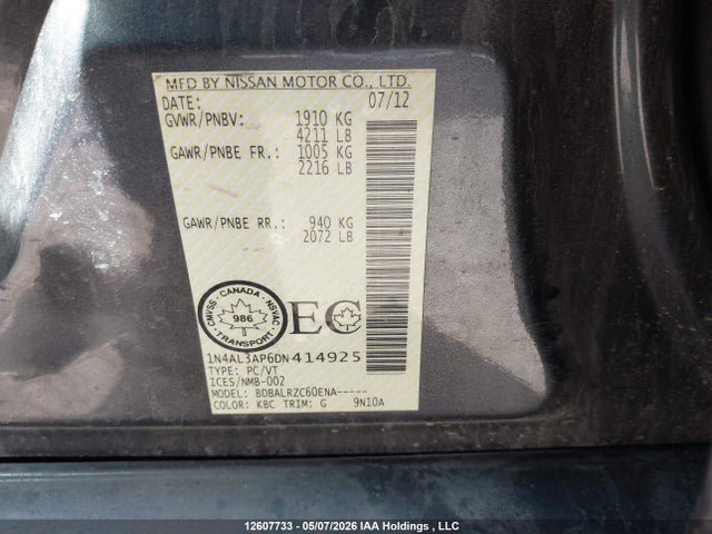 Продаж на аукціоні авто 2013 Nissan Altima, vin: 1N4AL3AP6DN414925, номер лоту: 12607733