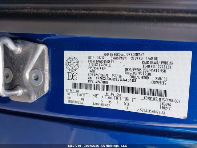 Продажа на аукционе авто 2018 Ford Escape, vin: 1FMCU9GD9JUA45183, номер лота: 12607750