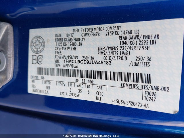 Продажа на аукционе авто 2018 Ford Escape, vin: 1FMCU9GD9JUA45183, номер лота: 12607750