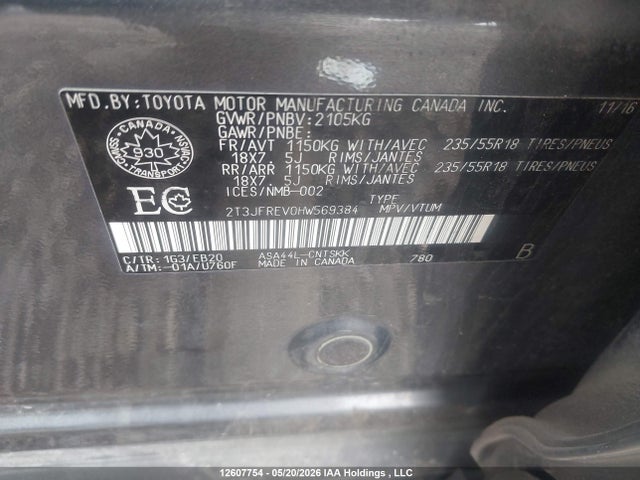12607754 :رقم المزاد ، 2T3JFREV0HW569384 vin ، 2017 Toyota Rav4 Se مزاد بيع