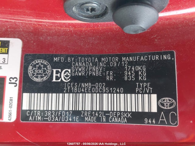 Продажа на аукционе авто 2013 Toyota Corolla S/le, vin: 2T1BU4EE0DC951240, номер лота: 12607757