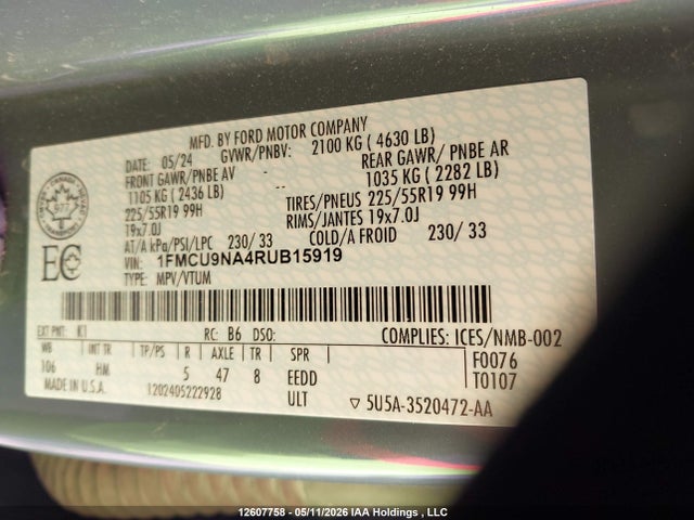12607758 :رقم المزاد ، 1FMCU9NA4RUB15919 vin ، 2024 Ford Escape St-line Select مزاد بيع