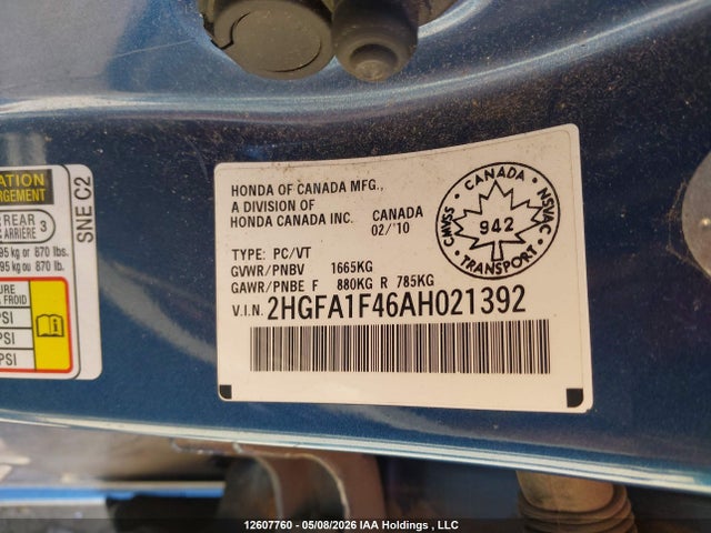 Aukcja sprzedaży 2010 Honda Civic Dx-g, vin: 2HGFA1F46AH021392, numer aukcji: 12607760