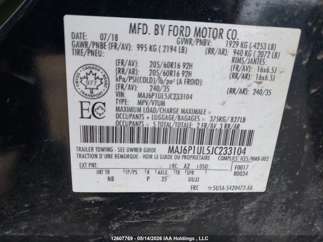 Продаж на аукціоні авто 2018 Ford Ecosport Se, vin: MAJ6P1UL5JC233104, номер лоту: 12607769