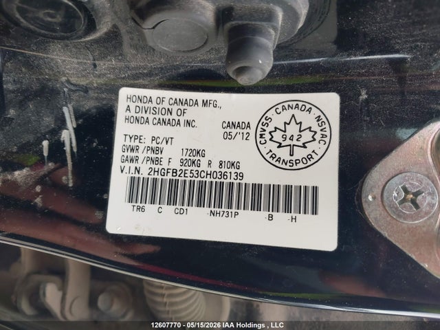 Продаж на аукціоні авто 2012 Honda Civic Ex 4dr, vin: 2HGFB2E53CH036139, номер лоту: 12607770