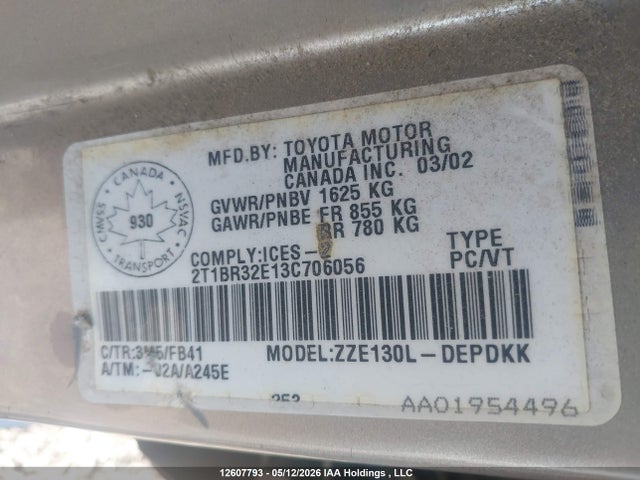 12607793 :رقم المزاد ، 2T1BR32E13C706056 vin ، 2003 Toyota Corolla Ce/le/s مزاد بيع