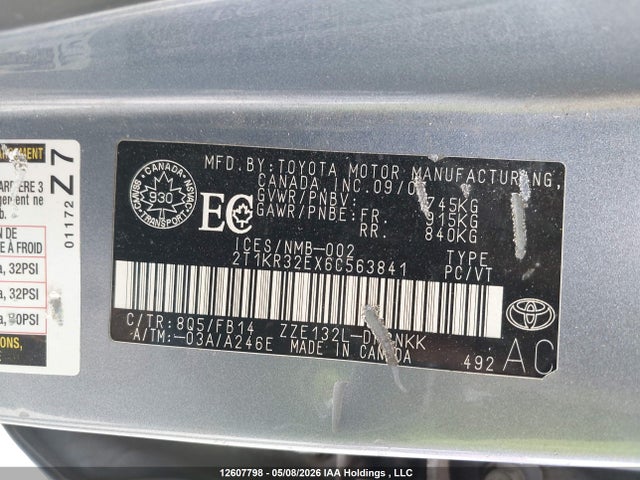 2006 Toyota Corolla Matrix Xr მანქანა იყიდება აუქციონზე, vin: 2T1KR32EX6C563841, აუქციონის ნომერი: 12607798