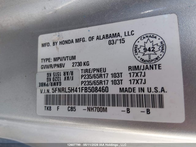 Aukcja sprzedaży 2015 Honda Odyssey Ex, vin: 5FNRL5H41FB508460, numer aukcji: 12607799