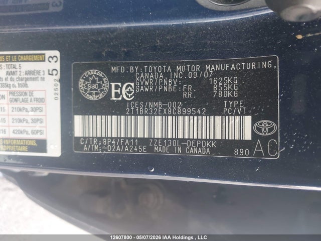 12607800 :رقم المزاد ، 2T1BR32EX8C899542 vin ، 2008 Toyota Corolla Ce/le/s مزاد بيع