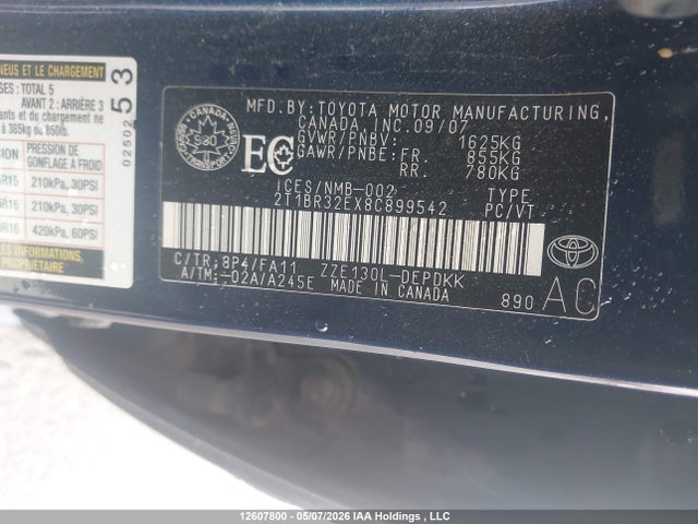 12607800 :رقم المزاد ، 2T1BR32EX8C899542 vin ، 2008 Toyota Corolla Ce/le/s مزاد بيع