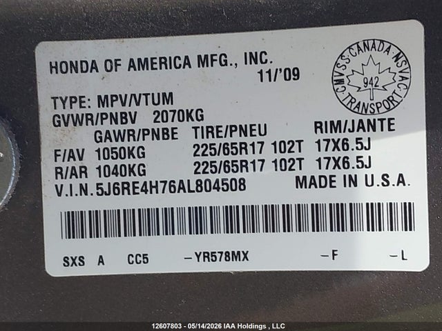 Aukcja sprzedaży 2010 Honda Cr-v Exl, vin: 5J6RE4H76AL804508, numer aukcji: 12607803