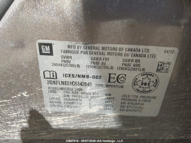 12607816 :رقم المزاد ، 2GNFLNE51C6342840 vin ، 2012 Chevrolet Equinox Lt مزاد بيع