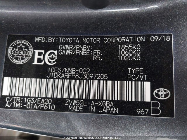 Aukcja sprzedaży 2018 Toyota Prius Prime, vin: JTDKARFP8J3097205, numer aukcji: 12607830