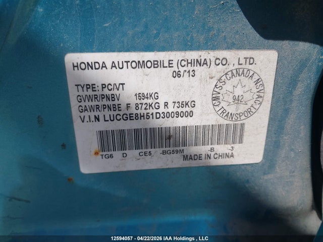 Продажа на аукционе авто 2013 Honda Fit Lx, vin: LUCGE8H51D3009000, номер лота: 12594057