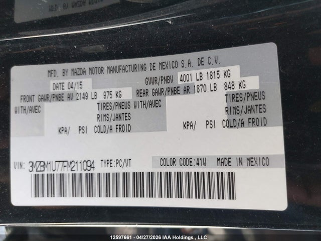 3MZBM1U77FM211094 Mazda Mazda3 Gx