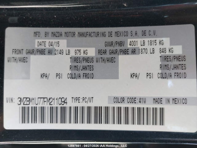 3MZBM1U77FM211094 Mazda Mazda3 Gx